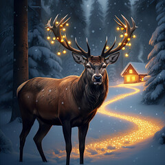 Deer with Glowing Antlers Standing on Snowy Forest Path to Cabin