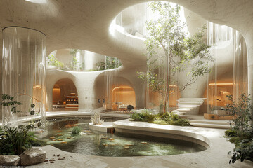 Innovative office space with biophilic design, floating transparent screens, soft natural light,