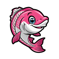 Cartoon salmon with big eyes and joyful smile, vibrant ocean design, playful and cute sticker, bright pink colors, clean white background, generative ai