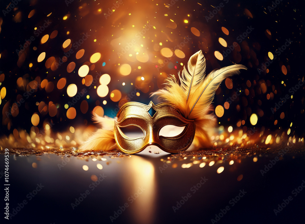 Poster a golden masquerade mask with feathers lies on a table with sparkling confetti and a warm, blurry ba
