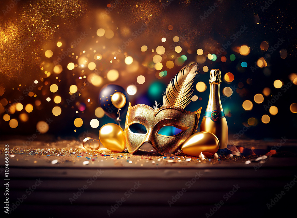 Poster a golden masquerade mask with a feather lies on a table with a champagne bottle and balloons, surrou