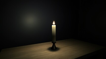 Dark room with single candle flickering on wooden table during power outage, symbolizing temporary darkness and reliance on alternative light sources.