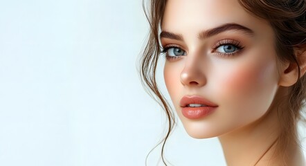 Obraz premium A close-up portrait of a young woman with radiant, smooth skin and soft, natural makeup.