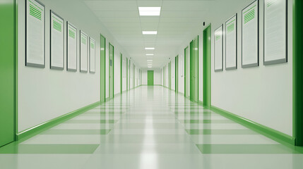 Modern corridor interior with green accents and framed artwork on white walls.
