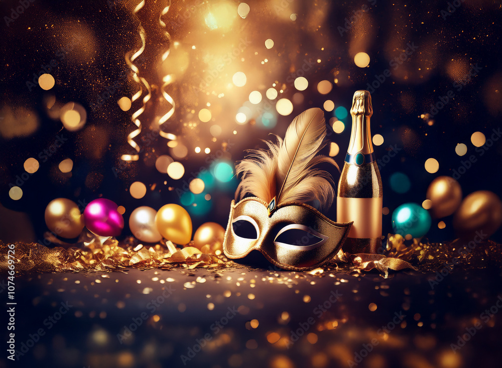 Poster a gold masquerade mask with feathers sits beside a bottle of champagne and colorful balloons against