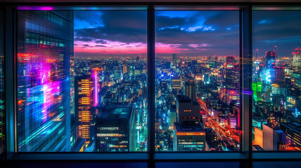 窓から眺める秋の夜の新宿のネオン風景