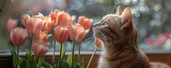 Innocent ginger cat sniffing a bouquet of pink tulips, captured in a gentle light that highlights the softness of the moment