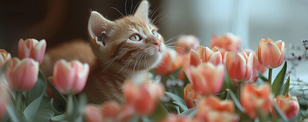 Innocent ginger cat sniffing a bouquet of pink tulips, captured in a gentle light that highlights the softness of the moment