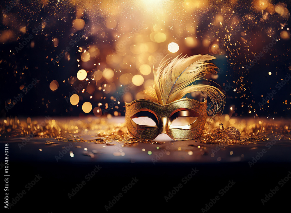 Poster a gold masquerade mask with feathers rests on a surface covered in confetti, illuminated by a warm g