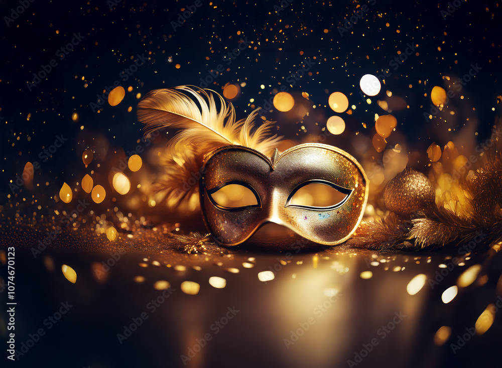 Poster A golden masquerade mask with a feather sits on a dark background with golden bokeh lights.