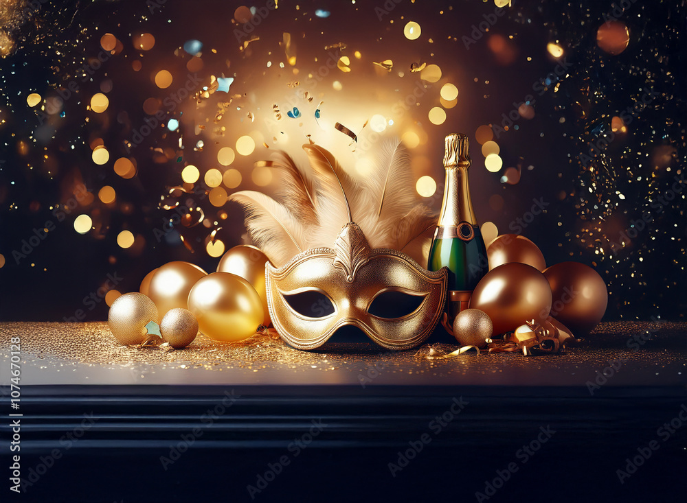 Poster a gold masquerade mask sits on a table with a bottle of champagne, surrounded by gold balloons and c