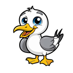Obraz premium Cartoon seagull with expressive eyes, bright beak, happy expression on white background, generative ai