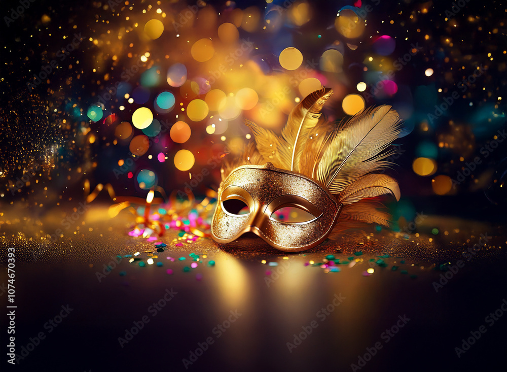 Poster A golden masquerade mask with feathers lies on a dark surface surrounded by sparkling confetti and bokeh lights.