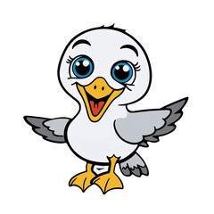 Cartoon seagull with expressive eyes, bright beak, happy expression on white background, generative ai