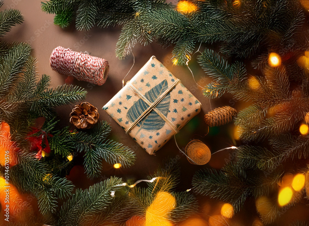 Poster A wrapped gift with a brown paper and blue and white design sits on a brown surface, surrounded by pine branches and a string of lights.