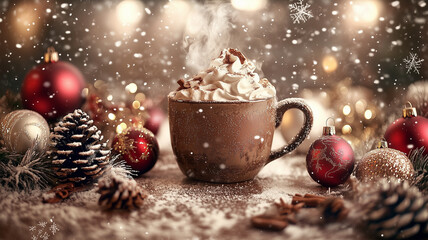 クリスマスオーナメントとホットチョコレートが並ぶ冬のカフェテーブル