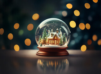 A snow globe sits on a table with a small house and snow-covered trees inside. The background is blurred with warm, yellow lights.