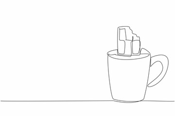 Continuous one line drawing mug containing chocolate drink and chocolate bar. A drink and a snack at the same time. Relaxing. National Hot Chocolate Day. Single line draw design vector illustration