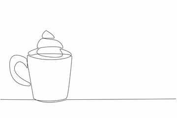 Single one line drawing mug with chocolate drink and whipped cream.  Peace of mind and heart. Relieve stress. Relax longer. National Hot Chocolate Day. Continuous line design graphic illustration