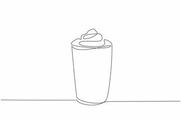 Single continuous line drawing paper cup with chocolate drink and whipped cream. Drink as much chocolate as like. Celebrate. Take away. National Hot Chocolate Day. One line design vector illustration