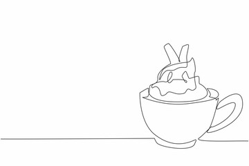 Continuous one line drawing the cup with chocolate drink and whipped cream. Creamy in the mouth. Very delicious in every sip. National Hot Chocolate Day. Single line draw design vector illustration