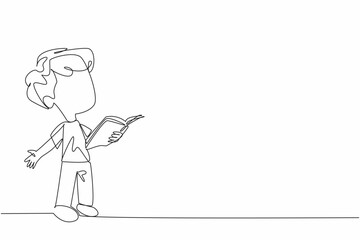Single continuous line drawing boy standing reading a book. Interesting stories. Cultivate children's interest in reading through comic. World Read Aloud Day. One line design vector illustration