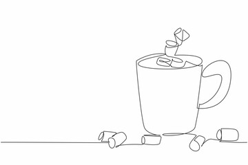 Continuous one line drawing the mug filled with chocolate drink and marshmallows. Enhances taste and texture in mouth. Sweet. National Hot Chocolate Day. Single line draw design vector illustration
