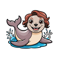 Obraz premium Cartoon Selkie sticker with big eyes, friendly smile, shiny seal body, joyful expression, generative ai