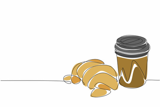 Single one line drawing croissant with paper cup filled with hot sweet tea. Skipped breakfast. Woke up late. Brought to the office. National Croissant Day. Continuous line design graphic illustration - Powered by Adobe