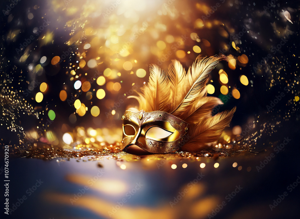 Aufkleber a gold masquerade mask with feathers sits on a dark background with sparkling lights.