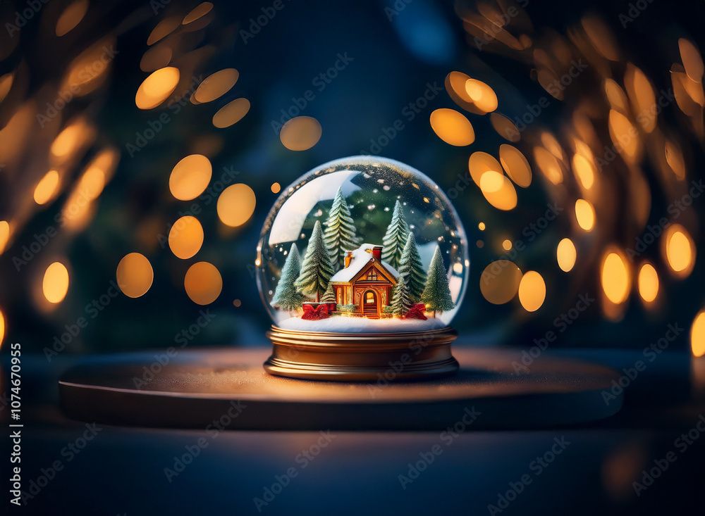 Poster A snow globe with a miniature cabin, pine trees, and snow sits on a wooden surface with a blurred background of glowing lights.