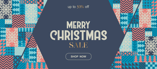 Merry Christmas sale vector illustration with snowflakes, bauhaus abstract geometric shapes background. Modern flat design pattern template for advertising, poster print, banner, card, flyer