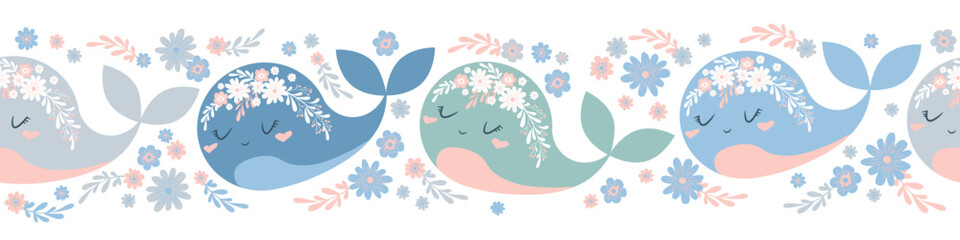 Seamless horizontal vector pattern with cute whales and flowers isolated on white background. Adorable animal design illustration for card print, wallpaper, poster, nursery decoration