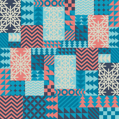 Merry Christmas vector illustration with snowflakes and bauhaus abstract geometric shapes background. Modern design seamless pattern template for poster, banner, card, flyer, wrapping