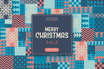 Merry Christmas sale vector illustration with snowflakes and bauhaus abstract geometric shapes background. Modern design pattern template for advertising poster print banner card flyer
