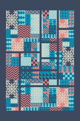 Merry Christmas vector illustration with snowflakes and bauhaus abstract geometric shapes background. Modern design pattern template for card, poster print, invitation, web banner, flyer