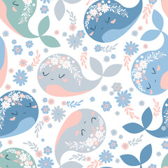Seamless vector pattern with cute whales, flowers and floral elements isolated on white background. Adorable animal design illustration for card print, wallpaper, poster, nursery decoration