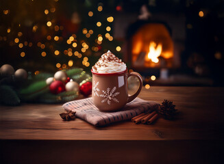 A warm mug of hot chocolate with whipped cream sits on a wooden table, with a decorated Christmas...