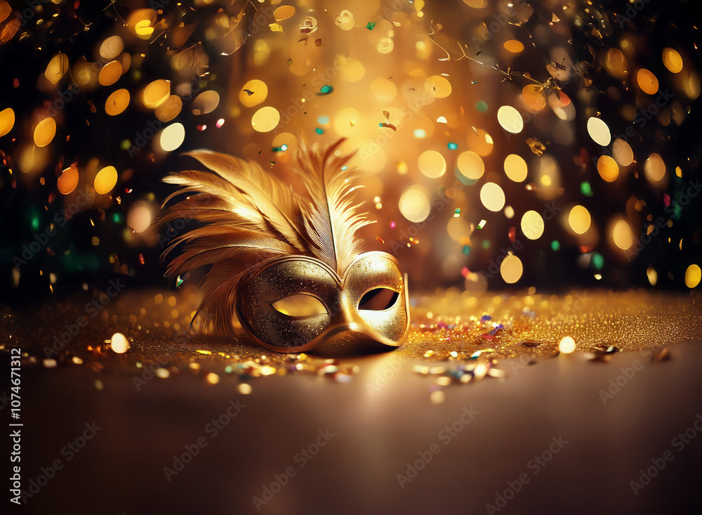 Poster a golden masquerade mask with feathers lays on a table surrounded by confetti and bokeh lights.