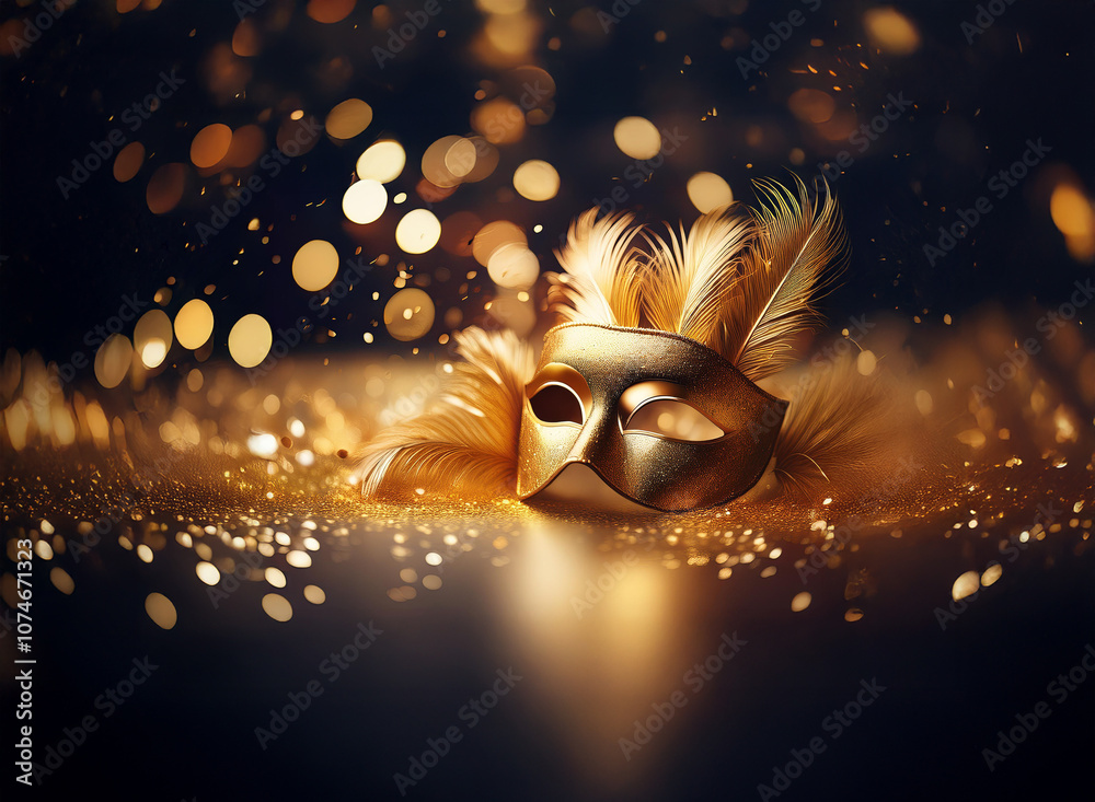 Poster a golden masquerade mask with feathers lies on a bed of shimmering glitter against a backdrop of war