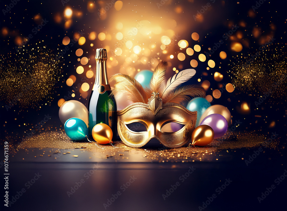 Poster a golden masquerade mask with feathers rests on a table surrounded by balloons and a bottle of champ