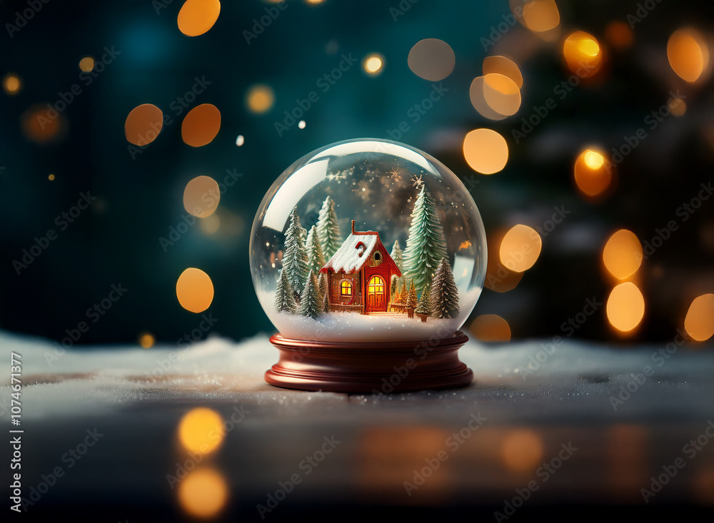 Poster a snow globe with a small house, trees, and falling snow sits on a snowy surface with a bokeh backgr