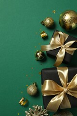 Beautiful gift boxes tied with bows and Christmas decorations on color background 