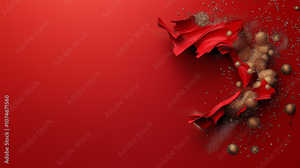 Poster vibrant red background with dynamic red fabric and golden particles creating energetic visual effect. Perfect for modern design projects