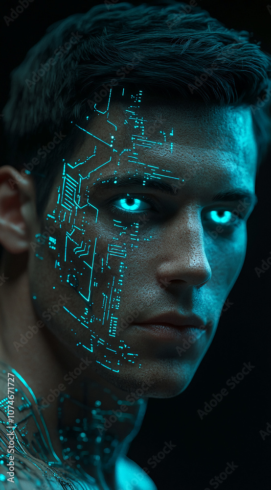 Poster a close-up portrait of a man with blue glowing eyes and a digital circuit pattern on his face, resem