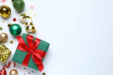 Beautiful gift box tied with bow and Christmas decorations on white background 