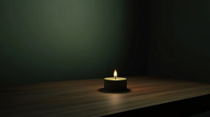 Dark room with single candle flickering on wooden table during power outage, symbolizing temporary darkness and reliance on alternative light sources.