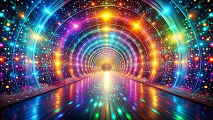 Fototapeta premium An illuminated path through a kaleidoscope of swirling colors and twinkling lights, leading towards an unknown destination.