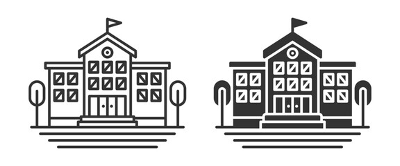 Vector illustration of a school building in two variations.