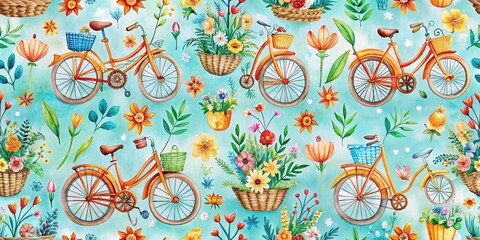 Naklejka premium A whimsical watercolor pattern of orange bicycles adorned with baskets and blooming flowers against a soft blue backdrop